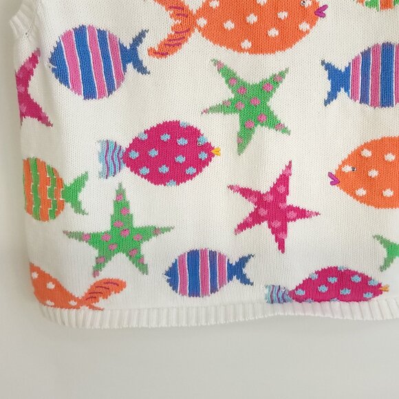 Vtg Richard Sport Sweater Womens Large White Multicolor Fish Starfish Sleeveless - Picture 5 of 9